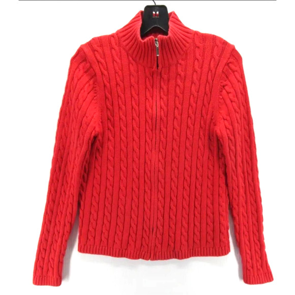 L.L. Bean Sweaters Ll Bean Women Large Red Zip Cardigan Ribbed Cable Knit Christmas Sweater